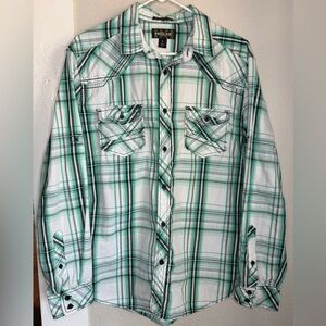 Helix Green Plaid Long Sleeve Button Athletic Fit  Shirt  Men Large